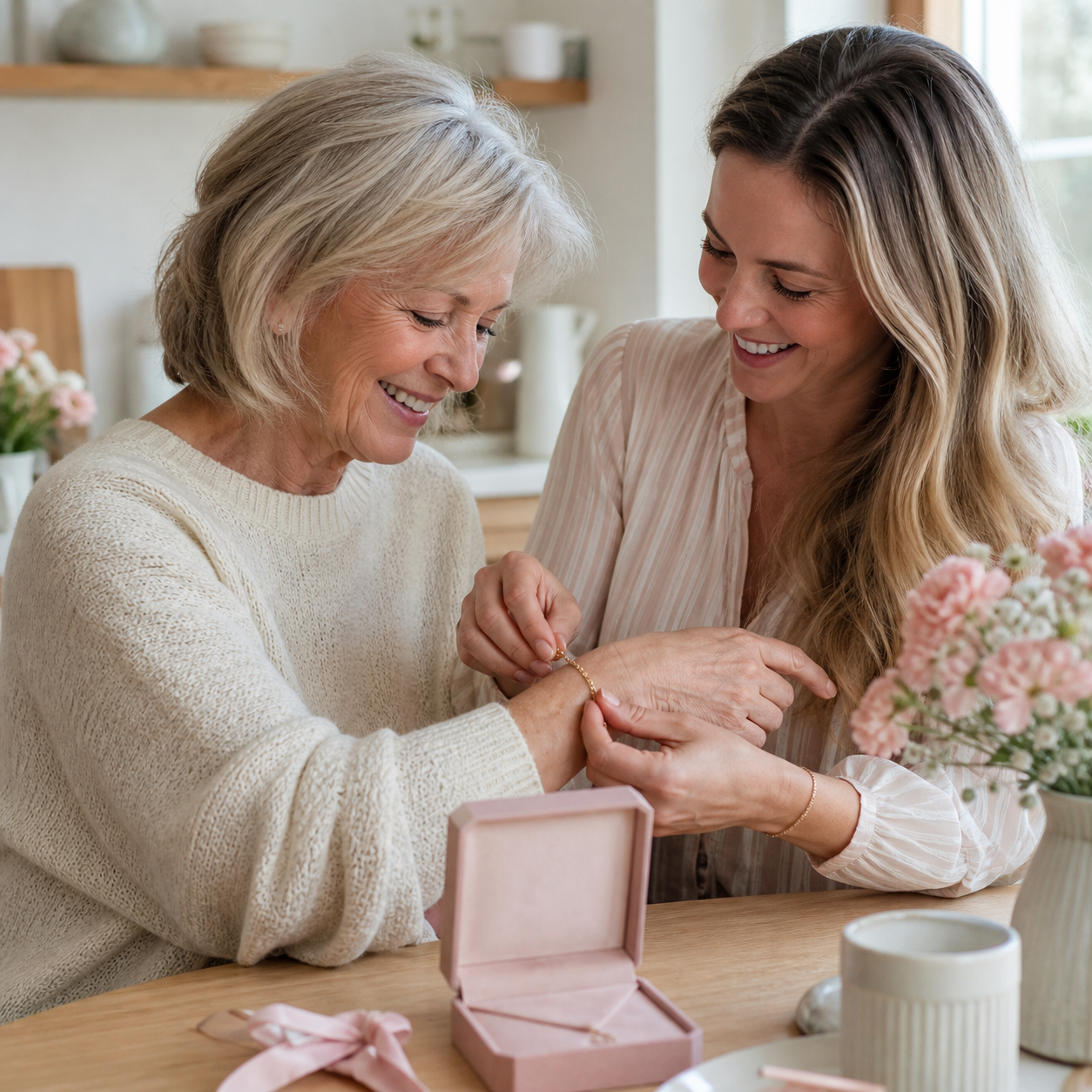 Dotter som ger sin mamma ett guldarmband